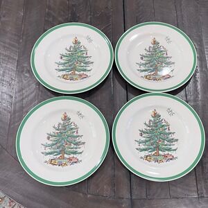 Spode England Christmas Tree S3324 Dinner Plates Green Trim Set of 4 10.5in
